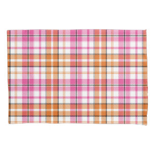 Housse D'oreillers Motif à carreaux Tartan blanc rose orange