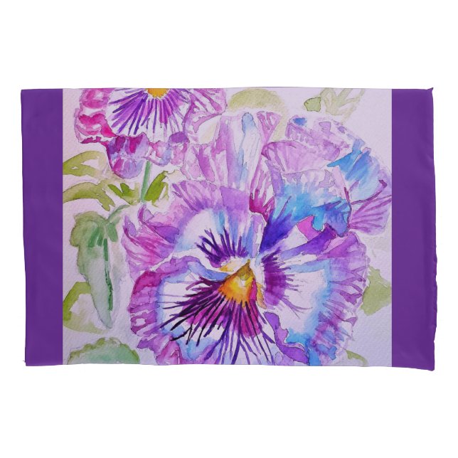 Housse D'oreillers Motif d'aquarelle Pansy sur panneaux bleu violet (devant)