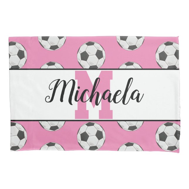 Housse D'oreillers Motif de balle de soccer initial rose monogramme (devant)