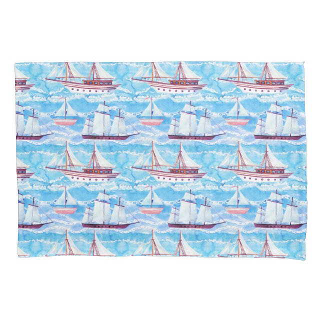 Housse D'oreillers Motif de bateaux de navigation d'aquarelle (devant-gauche)