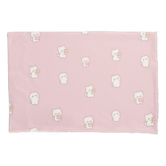 Housse D'oreillers Motif de chat blanc mignon – Cœurs et fleurs Kawai