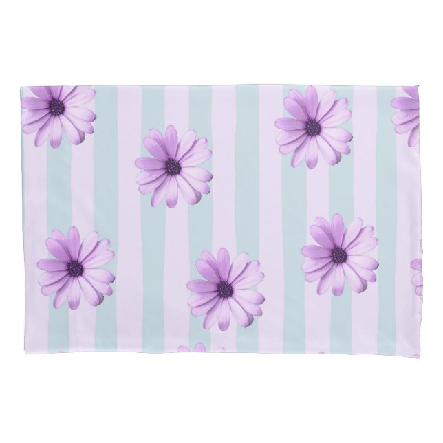 Housse D'oreillers motif de marguerite rayée de bleu et de violet (devant-gauche)