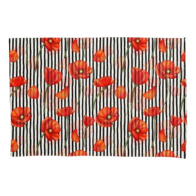 Housse D'oreillers Motif de pavots et rayures (devant)