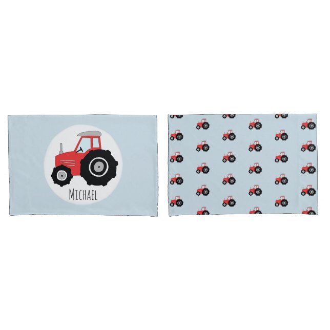 Housse D'oreillers Motif de tracteur rouge avec nom d'enfant (devant-Set)