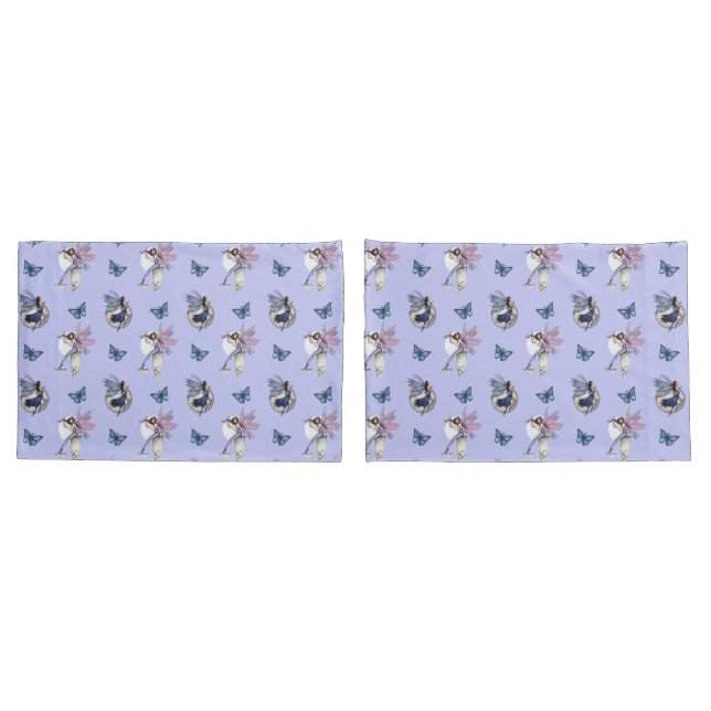 Housse D'oreillers Motif Fée et Papillons sur Pervenche (Dos-Set)