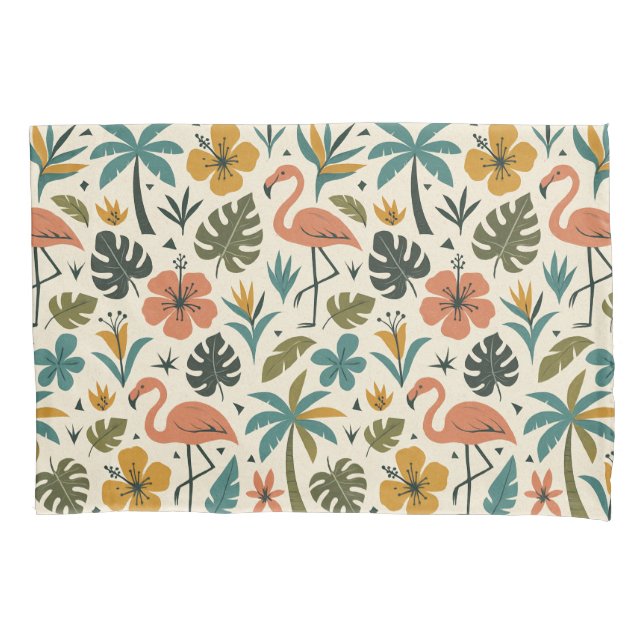 Housse D'oreillers Motif Flamant Tropical et Palmier (devant-gauche)