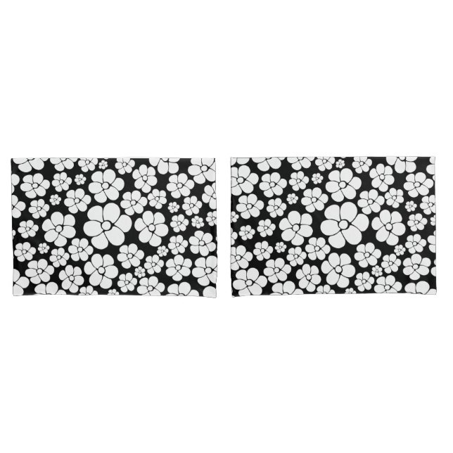 Housse D'oreillers Motif Fleur rétro en blanc sur noir (devant-Set)