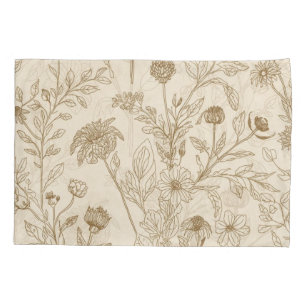 Housse D'oreillers Motif floral de dessin au trait botanique sépia an