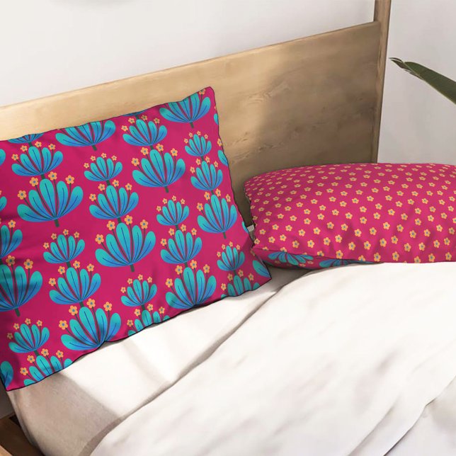 Housse D'oreillers Motif floral moderne en rouge rubis et bleu (Créateur téléchargé)