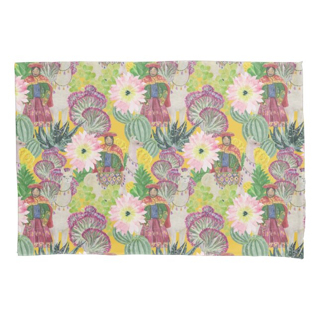 Housse D'oreillers Motif péruvien de femme et de lama d'aquarelle (devant-gauche)