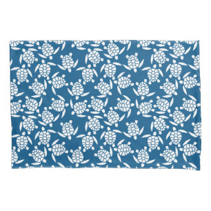 Housse D'oreillers Motif Répété Blanc Et Bleu   Motif Tortue De Mer
