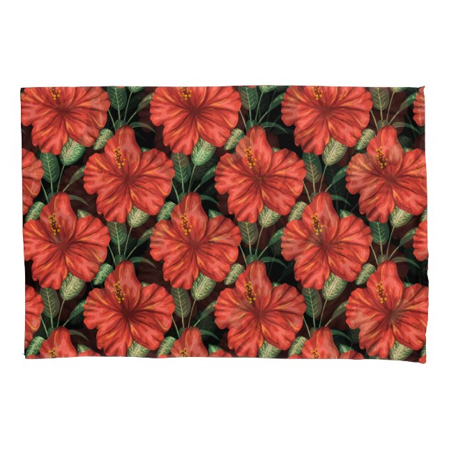 Housse D'oreillers Motif sans couture Fleurs rouges tropicales feuill (devant-gauche)