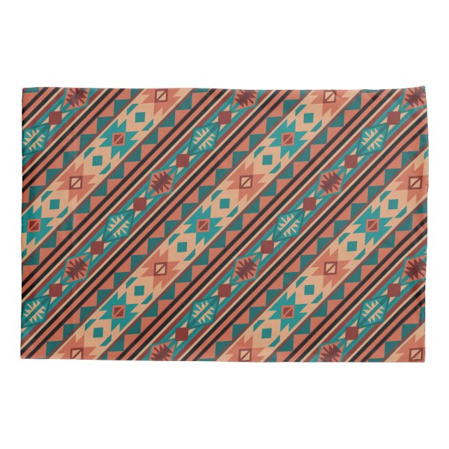 Housse D'oreillers Motif Tribal Sud-Ouest Turquoise Terracotta (Dos)