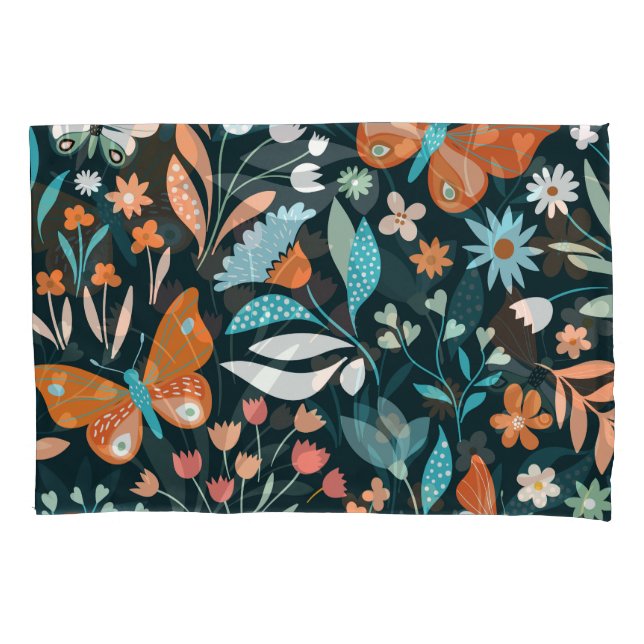 Housse D'oreillers Mouches florales et papillons, patte décorative sa (devant)