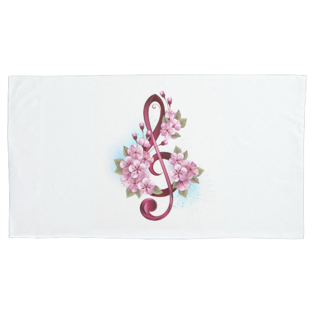 Housse D'oreillers Musical treble clef notes with sakura flowers (devant)