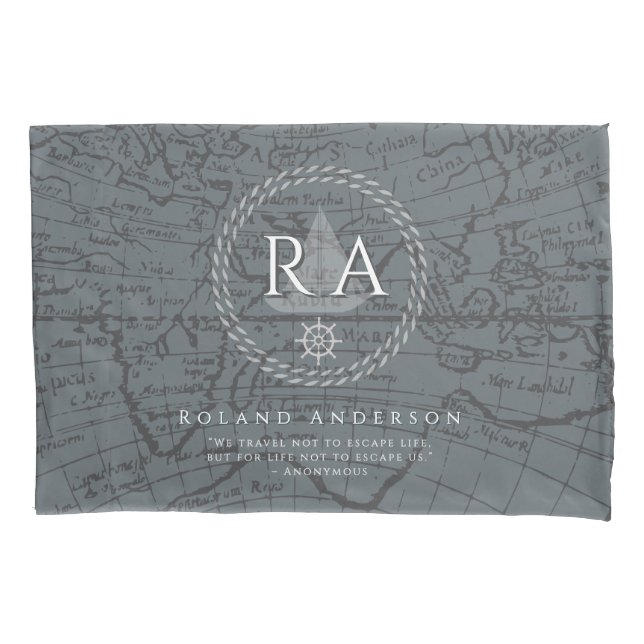 Housse D'oreillers Nautical Rope Monogram Map Grey (devant)