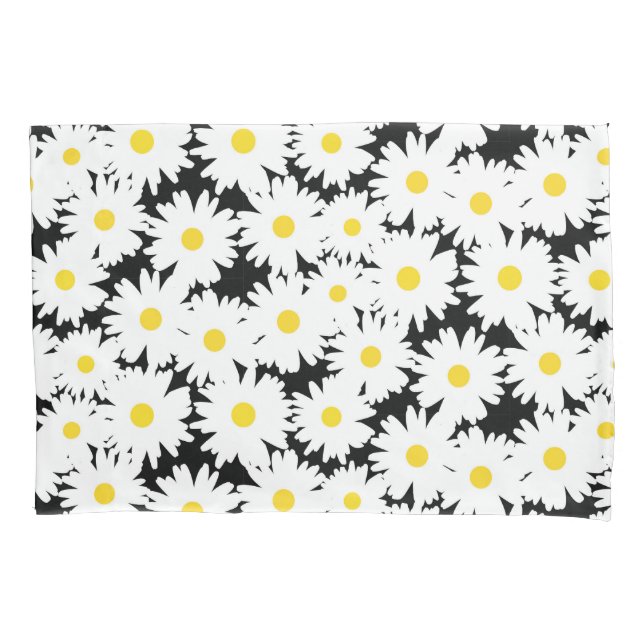 Housse D'oreillers Négative Space Daisies blanc jaune sur noir (devant)