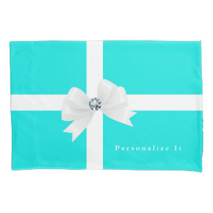 Housse D'oreillers Nœud élégant et glamour diamant bleu aqua et blanc