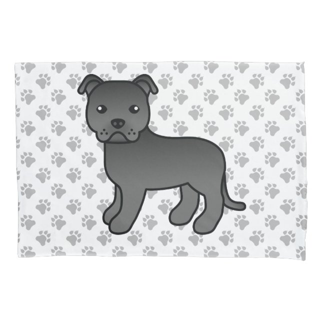 Housse D'oreillers Noir Anglais Staffie Cute Cartoon Chien & Pâtes (devant)