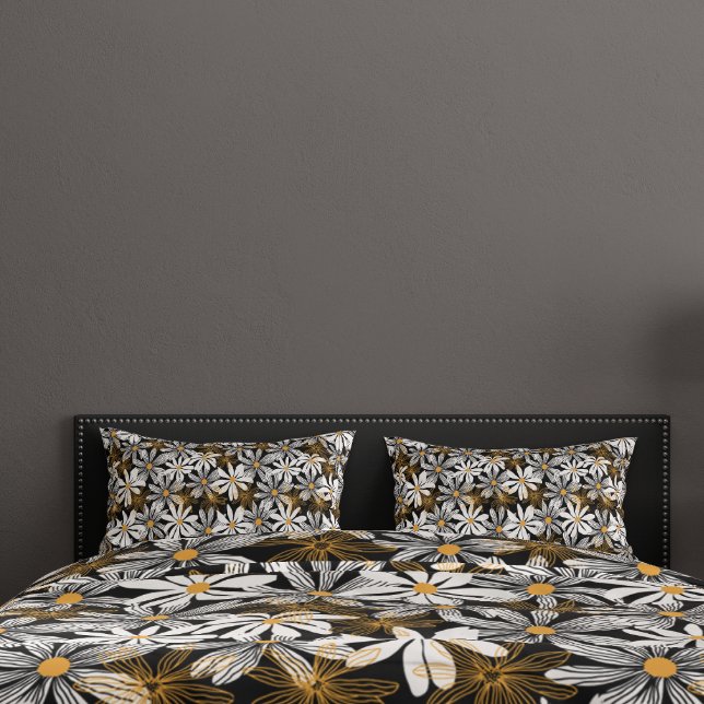 Housse D'oreillers Noir, Blanc, Jaune Élégant Faisy Abstrait (Black, White, Yellow Elegant Daisy Floral Abstract Pillow Case)
