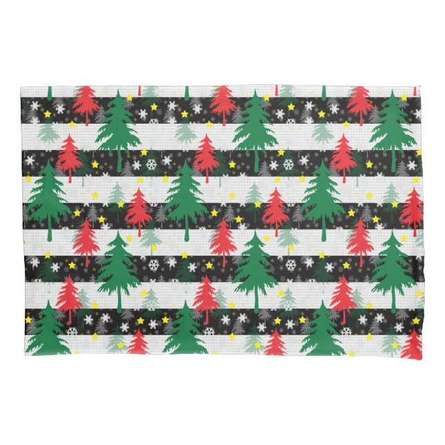 Housse D'oreillers Noir Blanc Stripes Neiges Rouge Vert Arbres (devant)