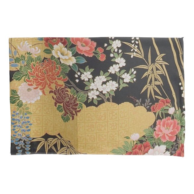 Housse D'oreillers Noir et or traditionnel japonais Kimono floral (devant)