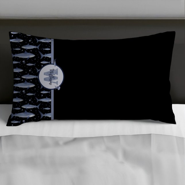 Housse D'oreillers Nom + Aquarelle Monogramme Requin | Noir et Bleu (Créateur téléchargé)