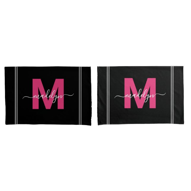 Housse D'oreillers Nom de script monogramme Black Pink (devant-Set)