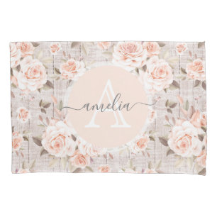 Housse D'oreillers Nom du monogramme Bois rustique et Roses Vintages