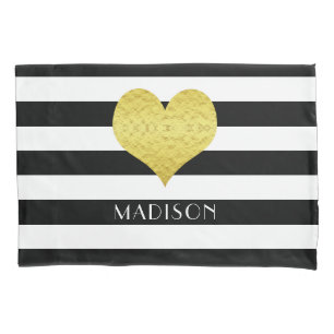Housse D'oreillers Nom Gold Heart Black White Stripes Motif