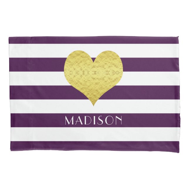 Housse D'oreillers Nom Gold Heart Purple White Stripes Motif (devant-gauche)