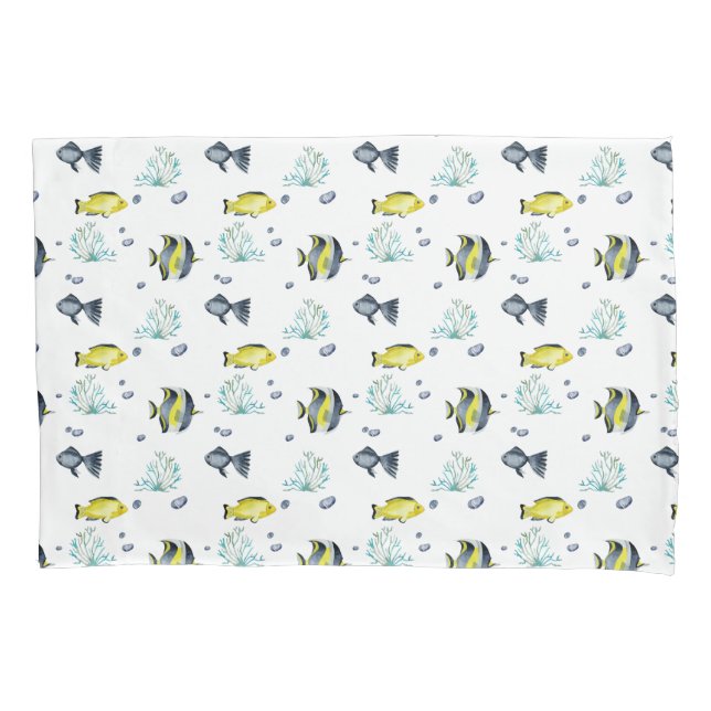 Housse D'oreillers Nom Jaune Bleu Tropical Poisson Motif Nursery (devant)
