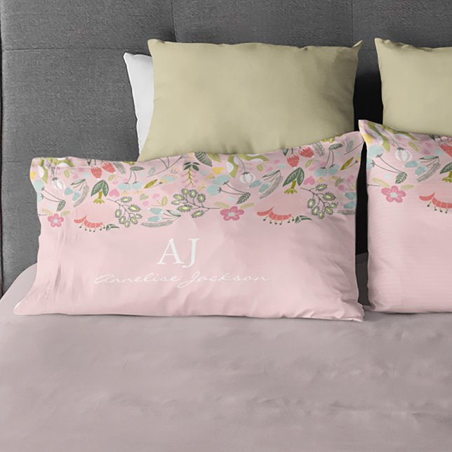 Housse D'oreillers Nom monogramme chic floral rose fille personnalisé (Créateur téléchargé)