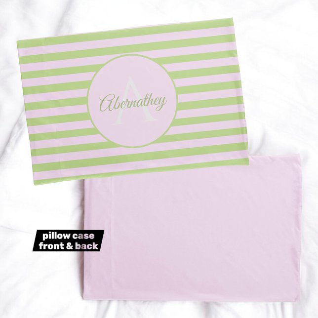 Housse D'oreillers Nom personnalisé Monogram Pastel Rose Vert rayé (monogram and name template pillowcase front and complementary solid pink back)