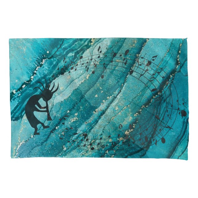 Housse D'oreillers Notes musicales Turquoise Kokopelli (devant)