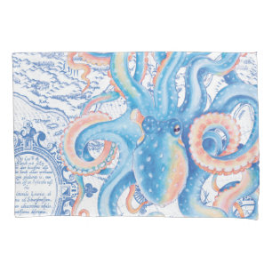 Housse D'oreillers Octopus Blue Vintage Map Chic Aquarelle