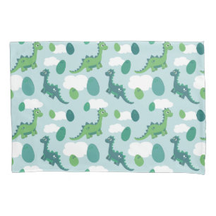Housse D'oreillers OEufs de dinosaures mignons, dinos bleu vert