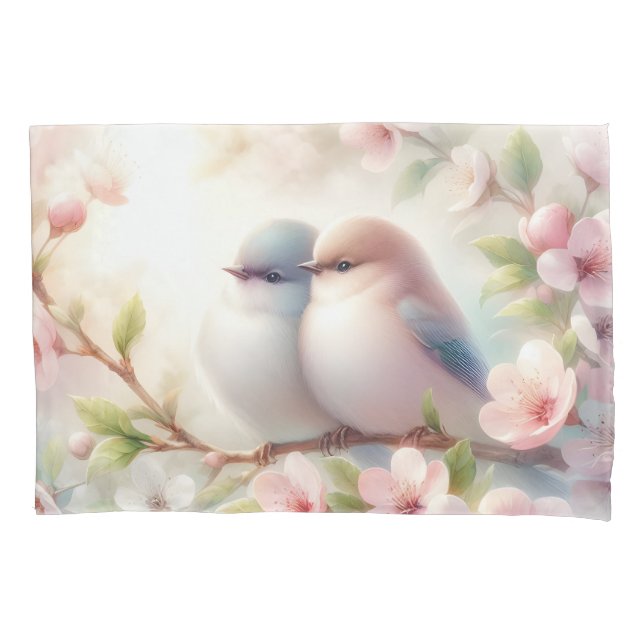 Housse D'oreillers Oiseaux d'amour de printemps Fleur de cerisier Flo (devant)