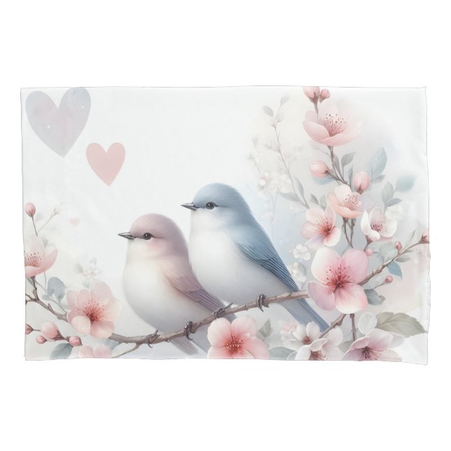 Housse D'oreillers Oiseaux de l'amour romantique Branche de fleurs de (devant)