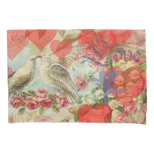 Housse D'oreillers Oiseaux de l'amour Vintage Antique Cœur