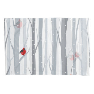 Housse D'oreillers Oiseaux d'hiver : Arbres gris, Oiseaux rouges