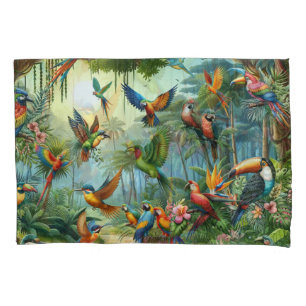 Housse D'oreillers Oiseaux tropicaux colorés parmi un Plante vif et l