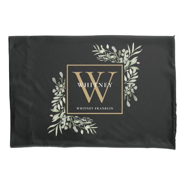 Housse D'oreillers Or Monogramme Élégant Modernité Verdure (devant)