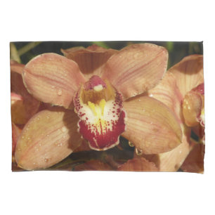 Housse D'oreillers Orchidées pêche avec fleurs aux gouttes de pluie