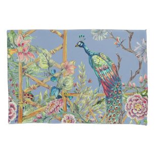 Housse D'oreillers Oriental Floral Garden & Peacock Chinoiserie Bleu