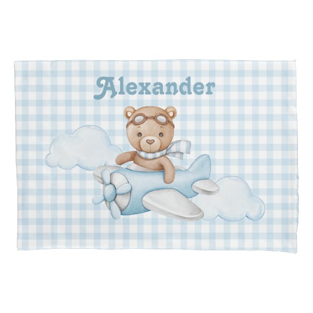 Housse D'oreillers Ours bleu Teddy dans l'avion (devant)