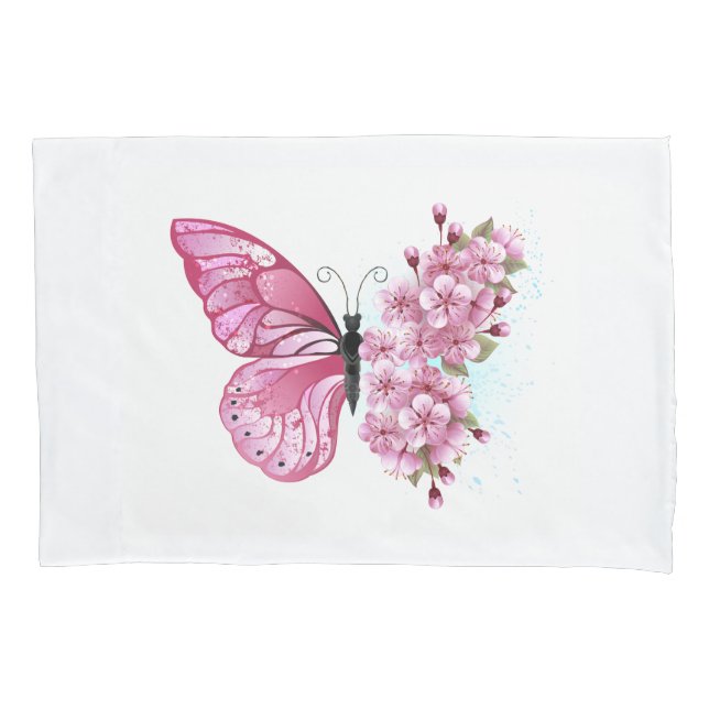 Housse D'oreillers Papillon à fleurs avec Sakura rose (devant)
