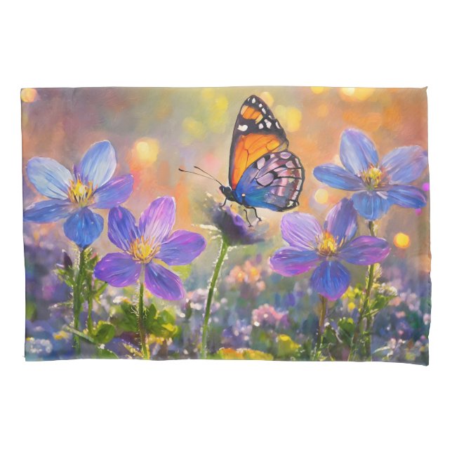 Housse D'oreillers Papillon minuscule sur les Fleurs sauvages au leve (devant)