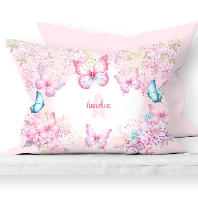 Housse D'oreillers Papillon rose violet pastel Nom floral Fille (Butterfly Pink Purple Pastel Floral Name Girl Pillow Case)