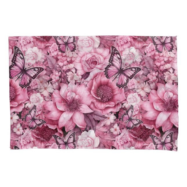 Housse D'oreillers Papillons et fleurs dans des nuances variées de ro (devant)